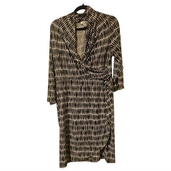 CHICO’S Brown & Tan Ruched Printed Dress - Size 2 (12/Large) - Picture 1 of 9